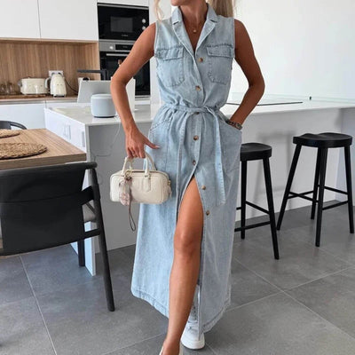 Chelsea™ – Stylish Denim Button Down Maxi Dress